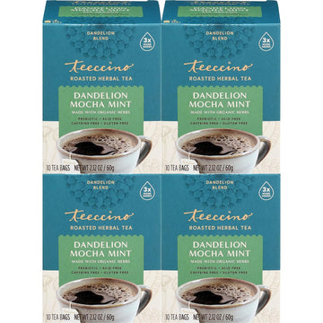 Teeccino Dandelion Root Tea - Mocha Mint - Caffeine Free, Roasted Herbal Tea with Prebiotics, 3x More Herbs than Regular Tea Bags, Gluten Free - 10 Tea Bags (Pack of 4)