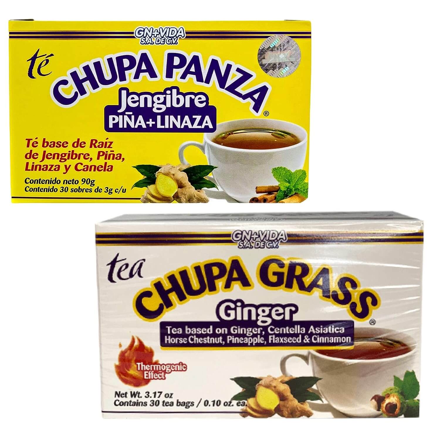 2 Pack Improved Formula Tea Chupa Grass & Panza - Tea Based Ginger, Gotu Kola & Cinammon, Pineapple Jengibre (30 Tea Bags Each)