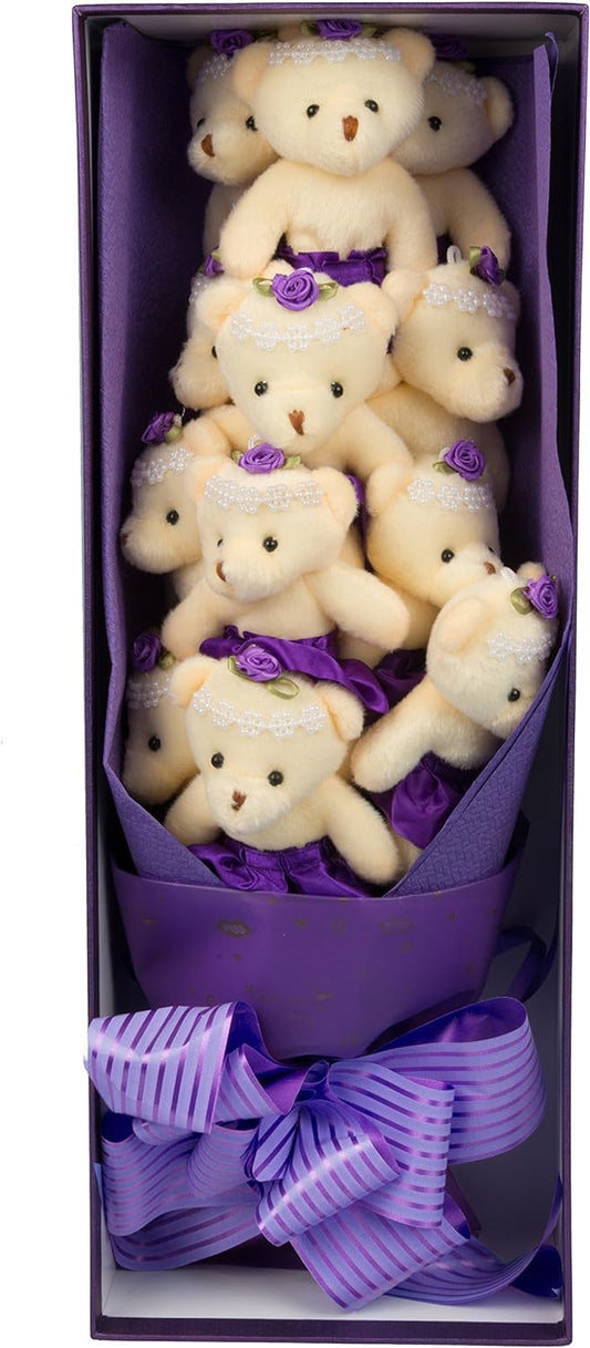 Deluxe Purple Love Bear Bouquet in Gift Box -One Dozen Long Stemmed Rose Stuffed Flower Plush Bears w Tutus-Gift Wrapped