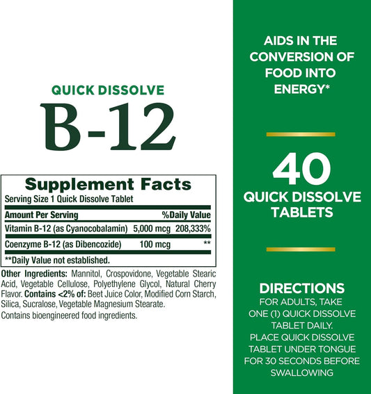 Vitamin B12 by Nature's Bounty, Quick Dissolve Vitamin Supplement, Supports Energy Metabolism and Nervous System Health, 5000mcg, 40 Tablets