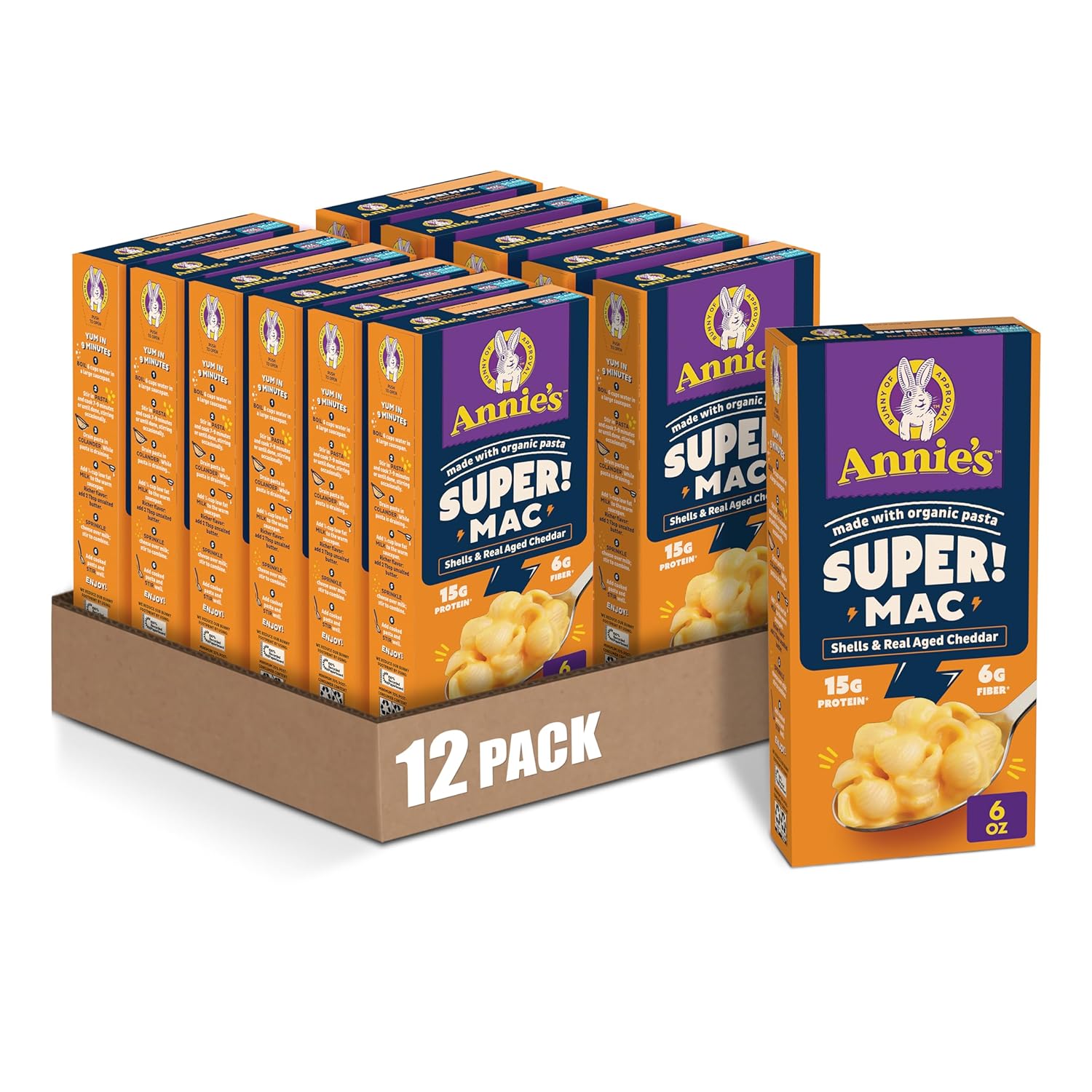 Annie'S Super! Mac, Protein Macaroni And Cheese Dinner, Shells & Real 6 Ounces