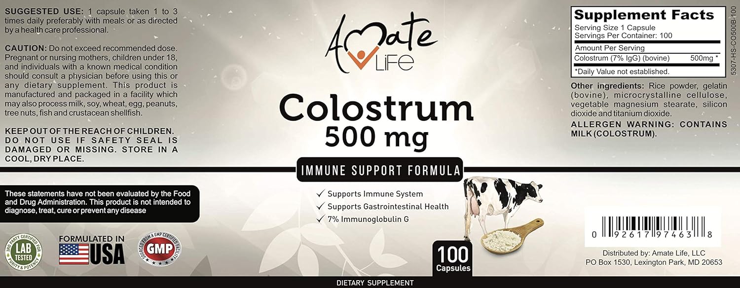 Amate Life Colostrum Capsules 500mg with Lactoferrin Supplement, Bovin
