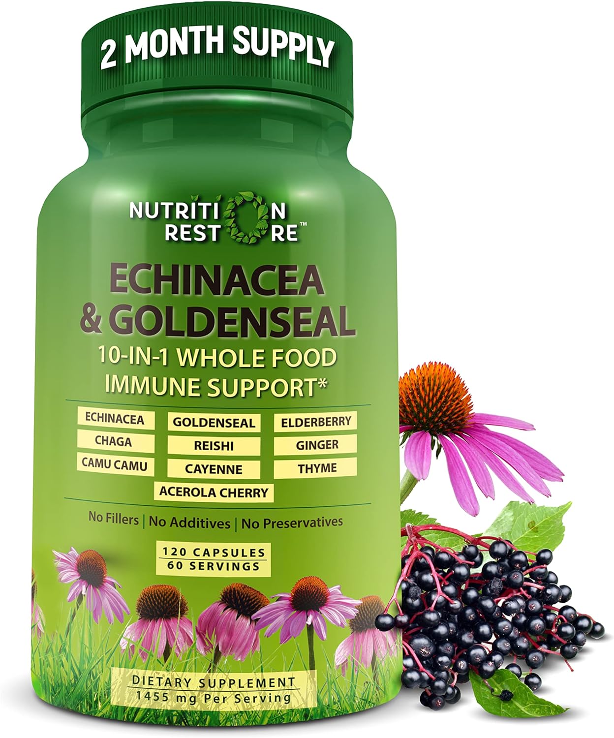 Echinacea Goldenseal Capsules - 10 In 1 Immune Support Supplement - 1455Mg - Vegan Echinacea Capsules Supplement Made Wi