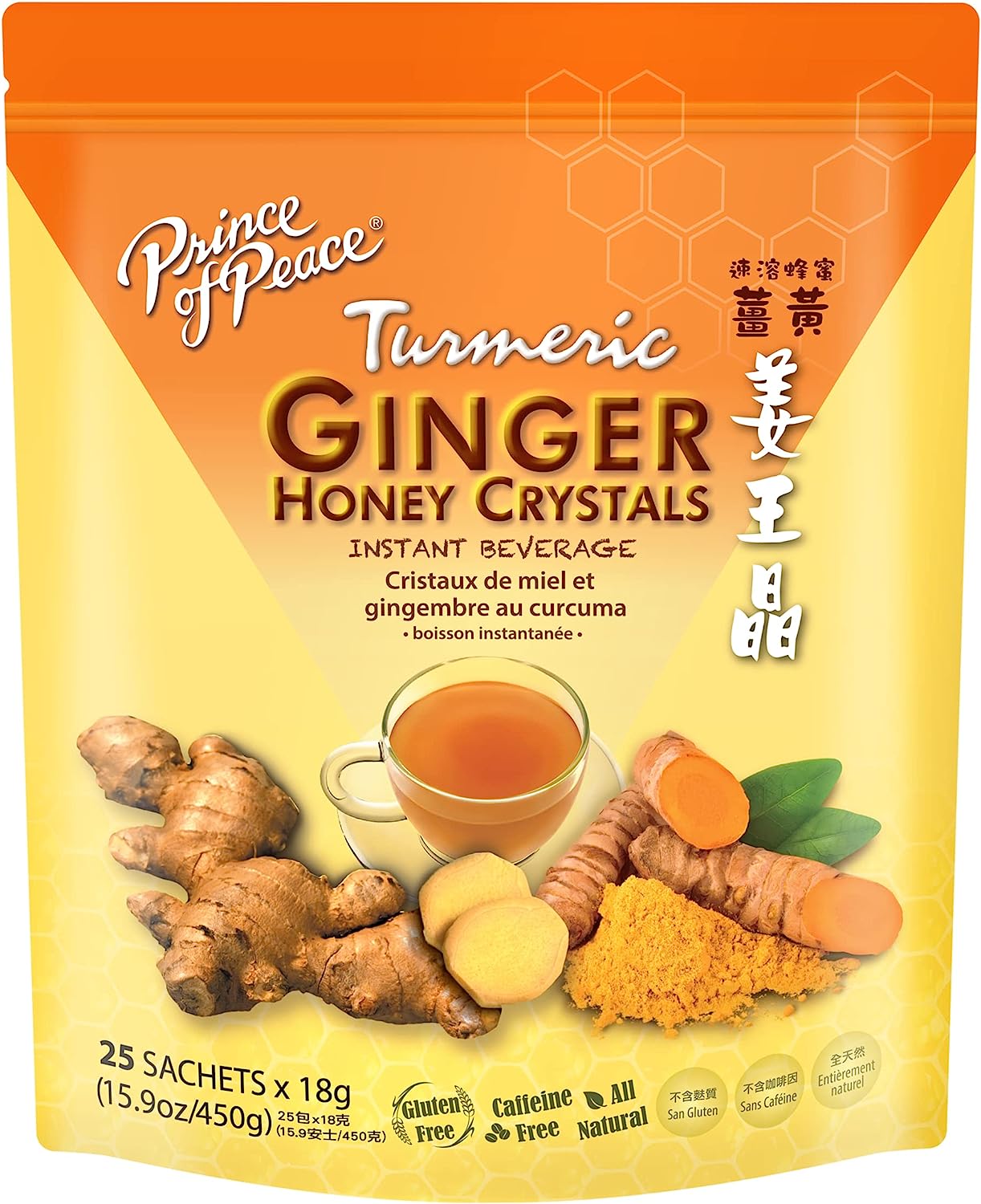 Prince Of Peace Instant Ginger Honey Crystals w/ Turmeric, 25 Sachets – Instant Hot or Cold Beverage – Easy to Brew Ginger and Honey Tea, Caffeine and Gluten Free