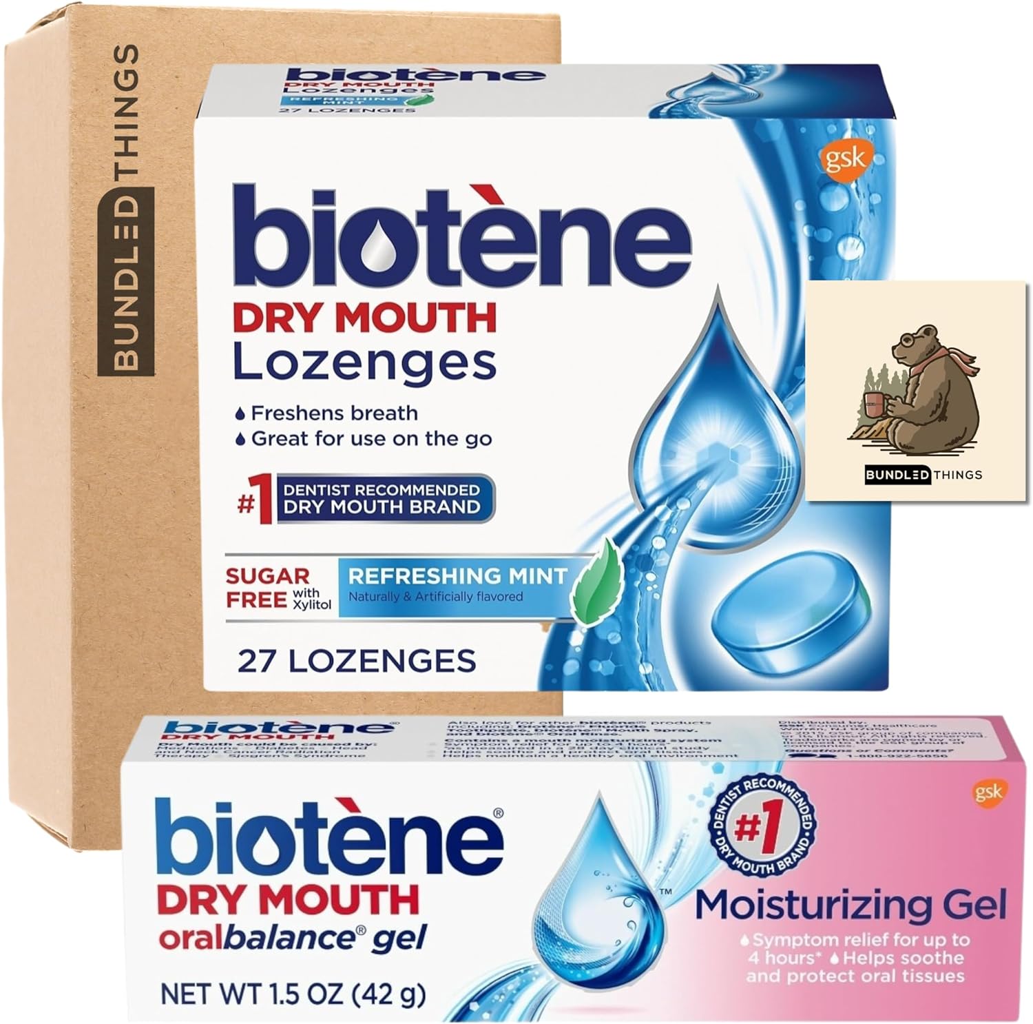 Biotene Dry Mouth Lenges Refreshing Mint and Biotene Oral Balance Dry Mouth Moisturizing Gel 1.5  with a Bundled Things Bear Magnet