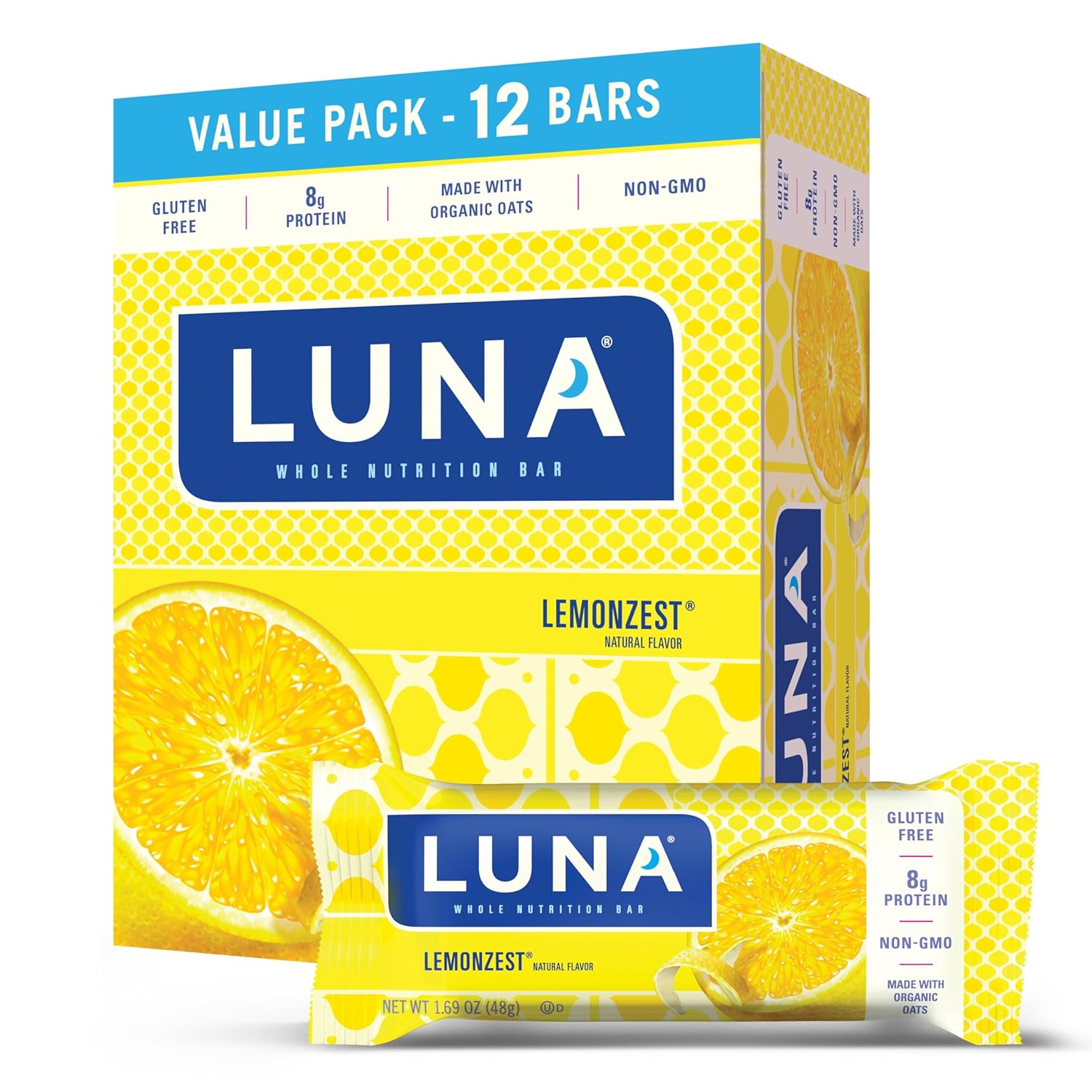 LUNA Bar - LemonZest Flavor - Gluten-Free - Non-GMO - 7-9g Protein - Made with Organic Oats - Low Glycemic - Whole Nutrition Snack Bars - 1.69 oz. (12 Pack)