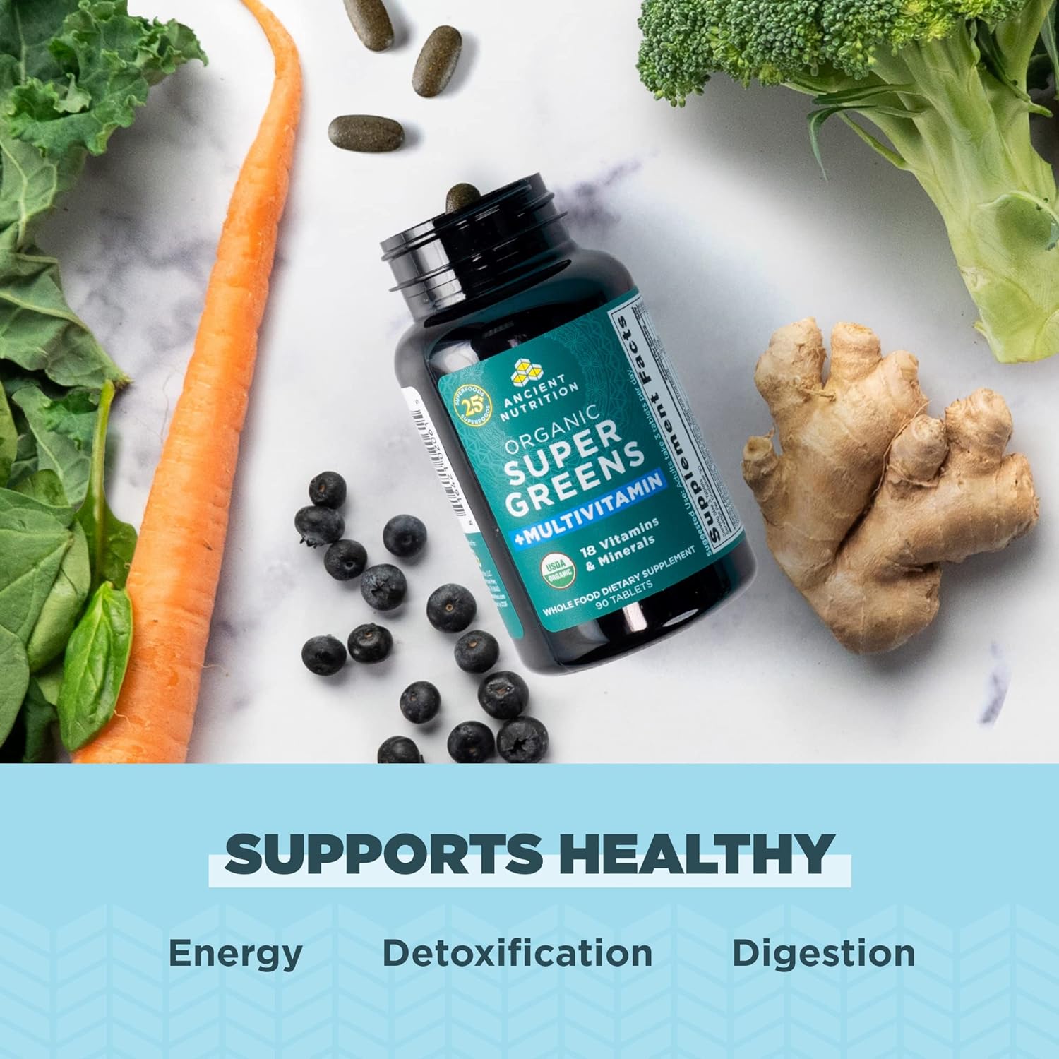 Ancient Nutrition Organic SuperGreens and Multivitamin Tablets with Pr