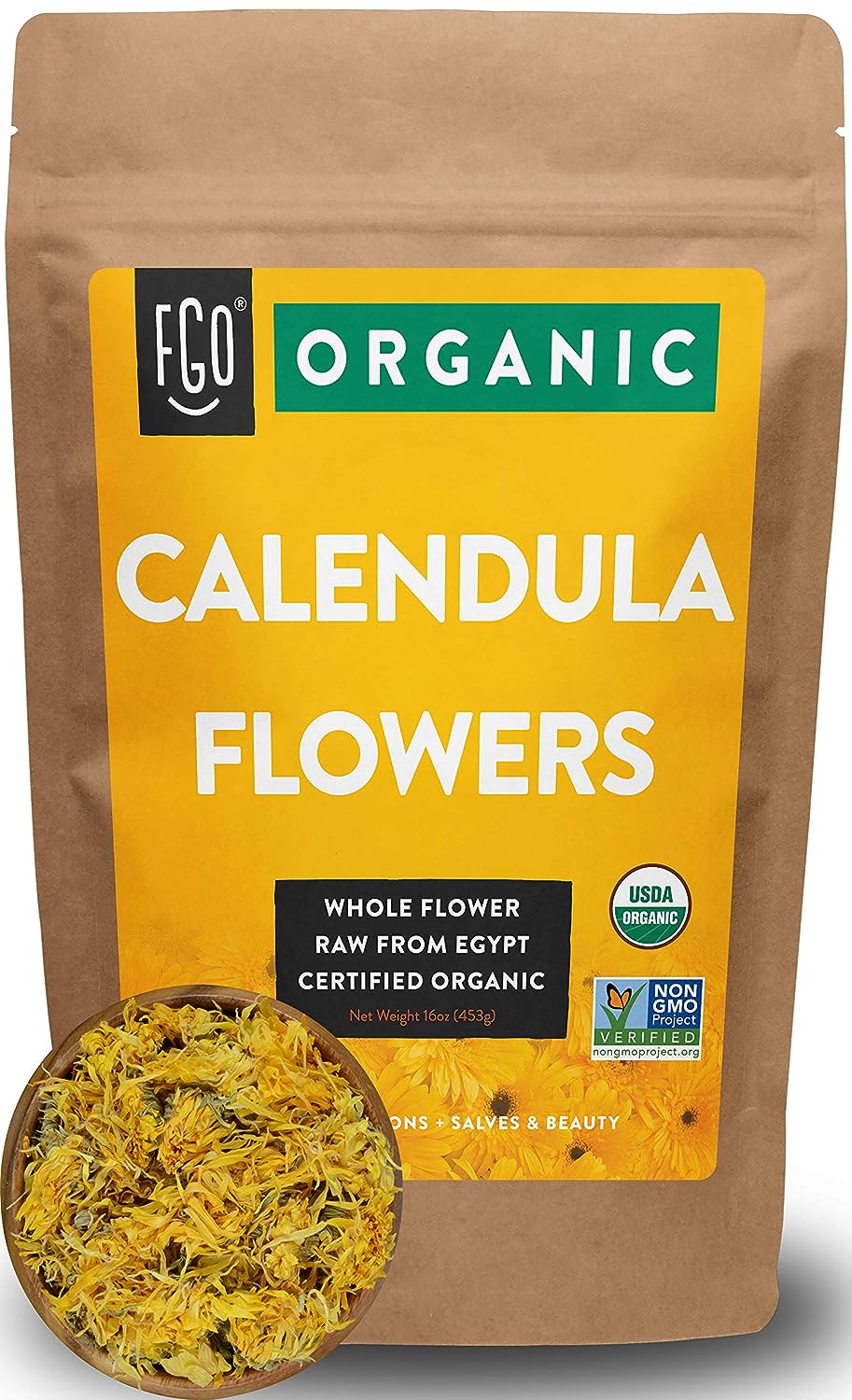 FGO Organic Calendula Flowers, Whole, 100% Raw From Egypt, (Pack of 1)