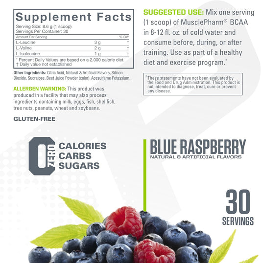 MusclePharm Essentials BCAA Powder, Pre & Post Workout Recovery Drink, Supports Muscle Recovery & Energy Production, Essential Amino Acids Supplement, 30 Servings, Blue Raspberry Flavor