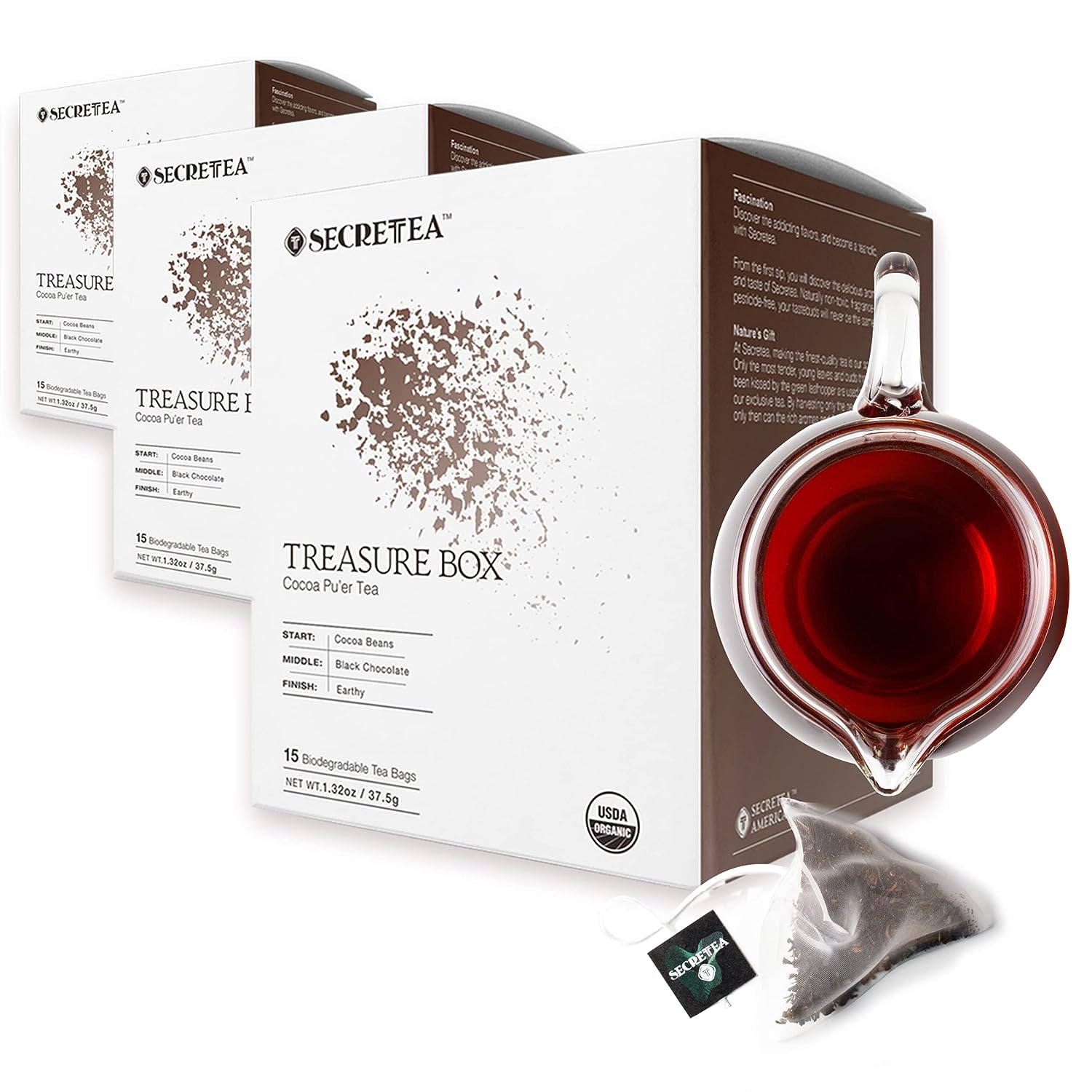 Organic Cocoa Pu-erh Loose Tea I POWERFUL Detox Immune I Heart & Digestion Support, 15 Sachet Tea Bags (Pack of 3) |By T SECRETEA, Treasure Box