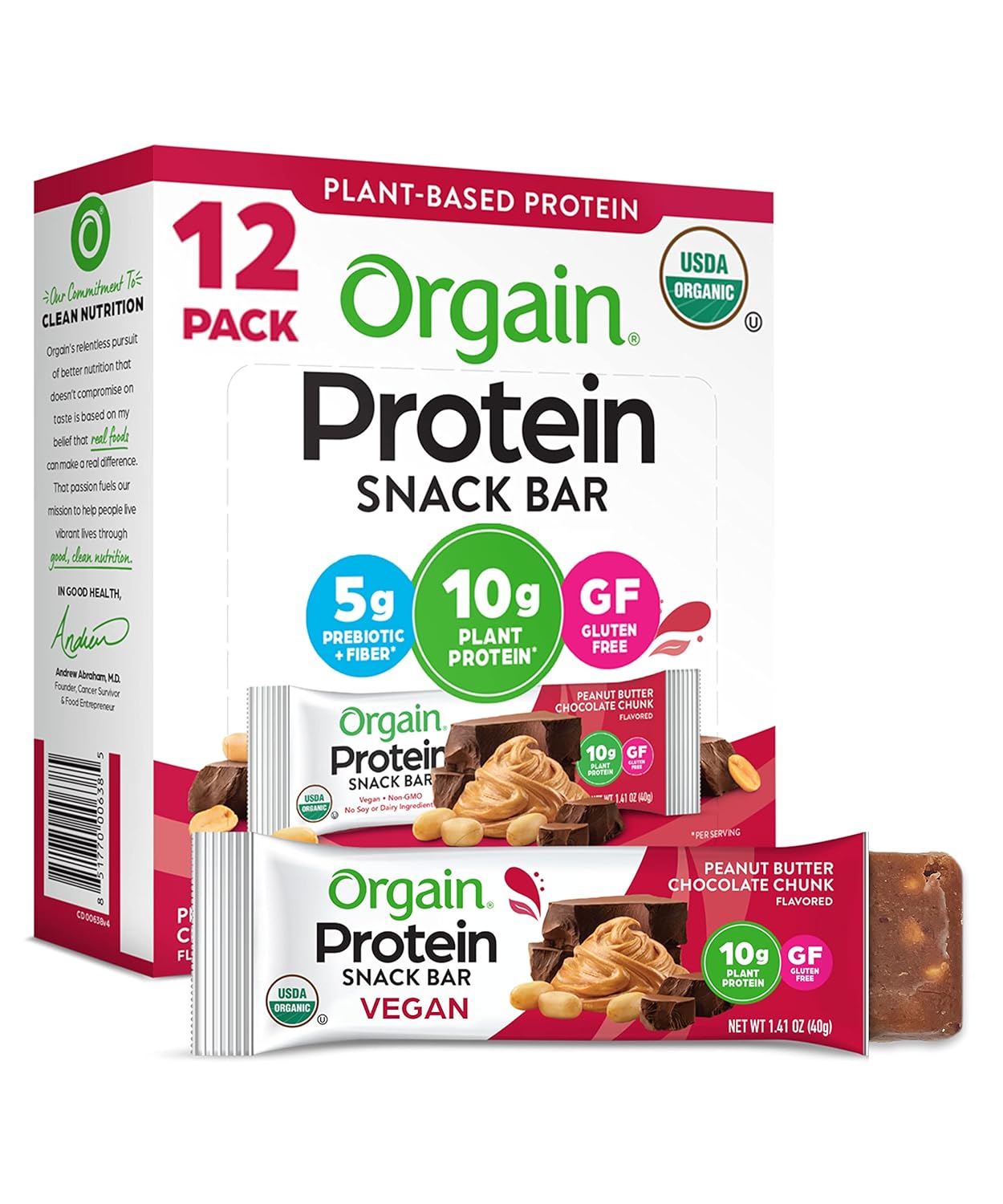 Orgain Organic Vegan Protein Bars, Peanut Butter Chocolate Chunk - 10g Plant Based Protein, Gluten Free Snack Bar, Low S