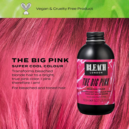 BLEACH LONDON The Big Pink Super Cool Color - Semi-Permanent Hair Color, Bright True Pink, Vegan, Cruelty Free, Vibrant Temporary Hair Color Cream, 5.07