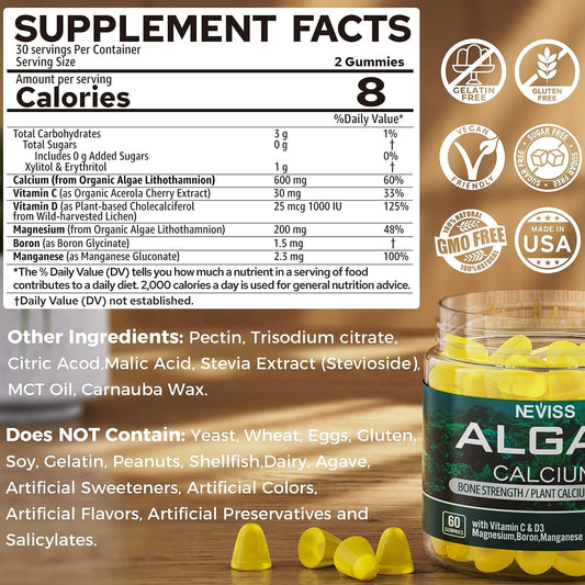 Calcium Gummies 600 mg, Vegan Sugar Free Algae Calcium Supplement with Vitamin D3, C, Magnesium, Boron, Manganese & Trac