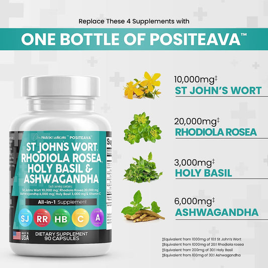 Clean Nutraceuticals St Johns Wort 10000mg Rhodiola Rosea 20000mg Holy Basil 3000mg Ashwagandha 6000mg - Mood Support fo