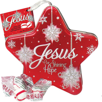 Scripture Candy, Jesus Our Shining Hope Red Ornament Star Tin With Old-Fashioned Soft Peppermint