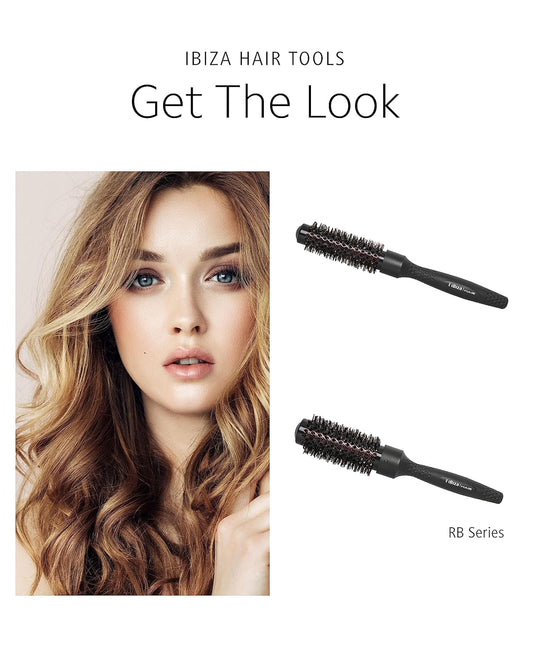 Ibiza Hair Professional Ceramic Round Brush (RB Series), Carbon Fiber/Nylon Bristles & Beech Wood Core to Absorb Heat & Protect Hair from Damage, Adds Shine to All Hair Types, For Volume & Waves