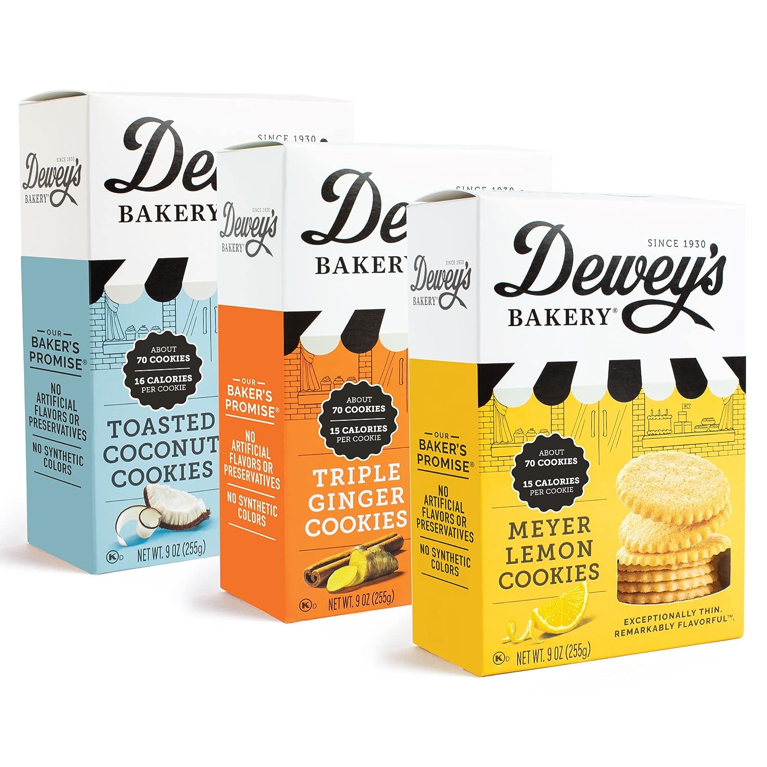 Dewey's Bakery Meyer Lemon, Triple Ginger & Toasted Coconut Moravian Cookie Thin Variety Pack | Baked in Small Batches | Real, Simple Ingredients | 15 Calories Per Cooki (Pack of 3)