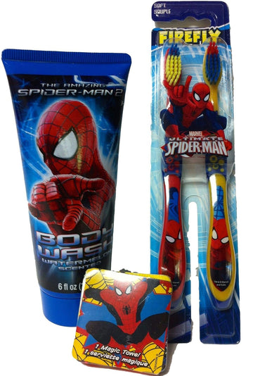 Marvel Ultimate Spiderman Bath, Shower and Dental Bundle-3 Items Body Wash, Toothbrush and Wash Cloth