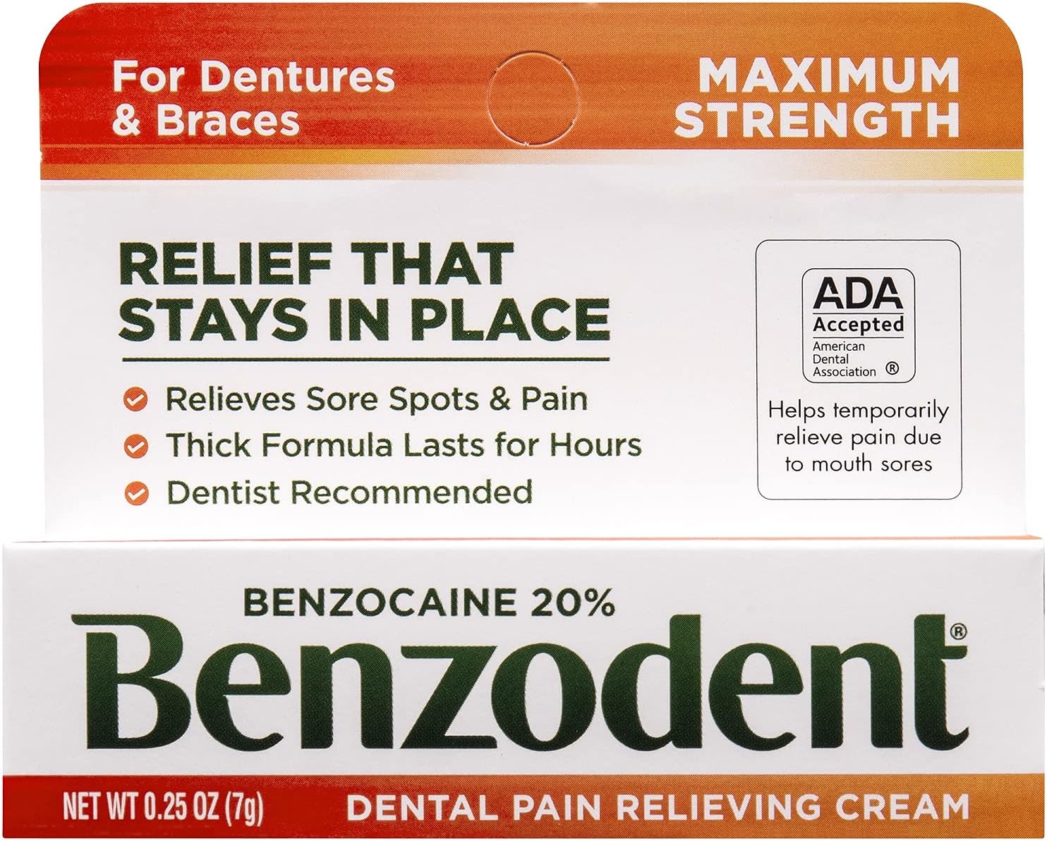 Benzodent Dental Pain Relieving Cream for Dentures and Braces, Topical Anesthetic, 0.25  Tube