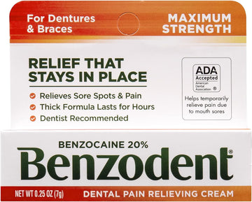 Benzodent Dental Pain Relieving Cream for Dentures and Braces, Topical Anesthetic, 0.25  Tube