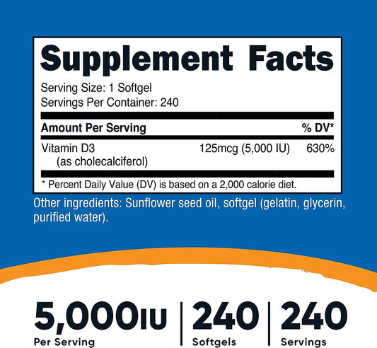 Nutricost Vitamin D3 5,000 IU, 240 Softgels - Non-GMO and Gluten Free Vitamin D