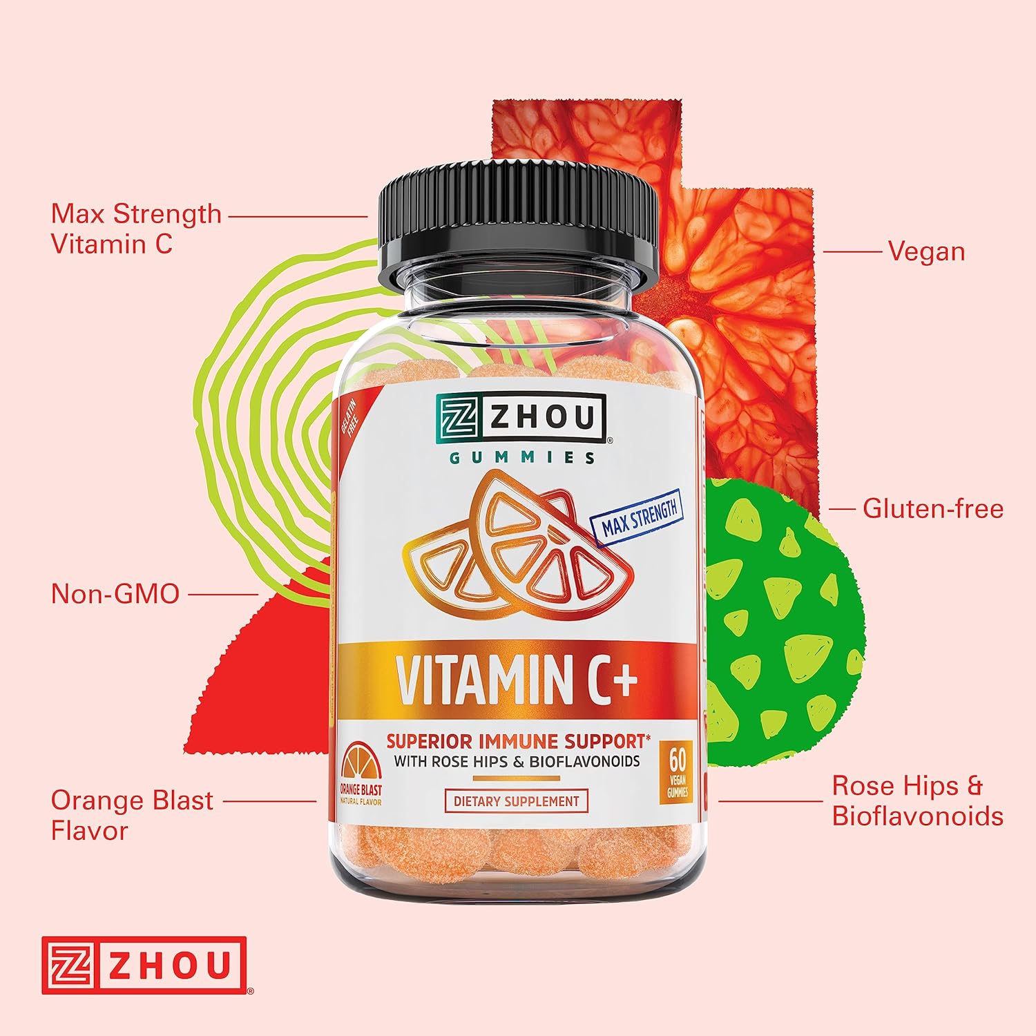 Zhou Nutrition Vitamin C+ Rapid Immunity Booster Gummies, Orange, 60 C