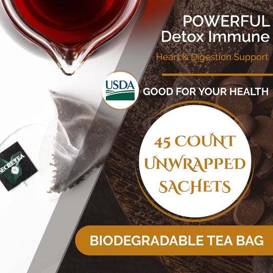 Organic Cocoa Pu-erh Loose Tea I POWERFUL Detox Immune I Heart & Digestion Support, 15 Sachet Tea Bags (Pack of 3) |By T SECRETEA, Treasure Box
