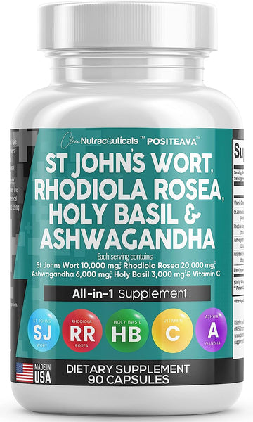 Clean Nutraceuticals St Johns Wort 10000mg Rhodiola Rosea 20000mg Holy Basil 3000mg Ashwagandha 6000mg - Mood Support fo