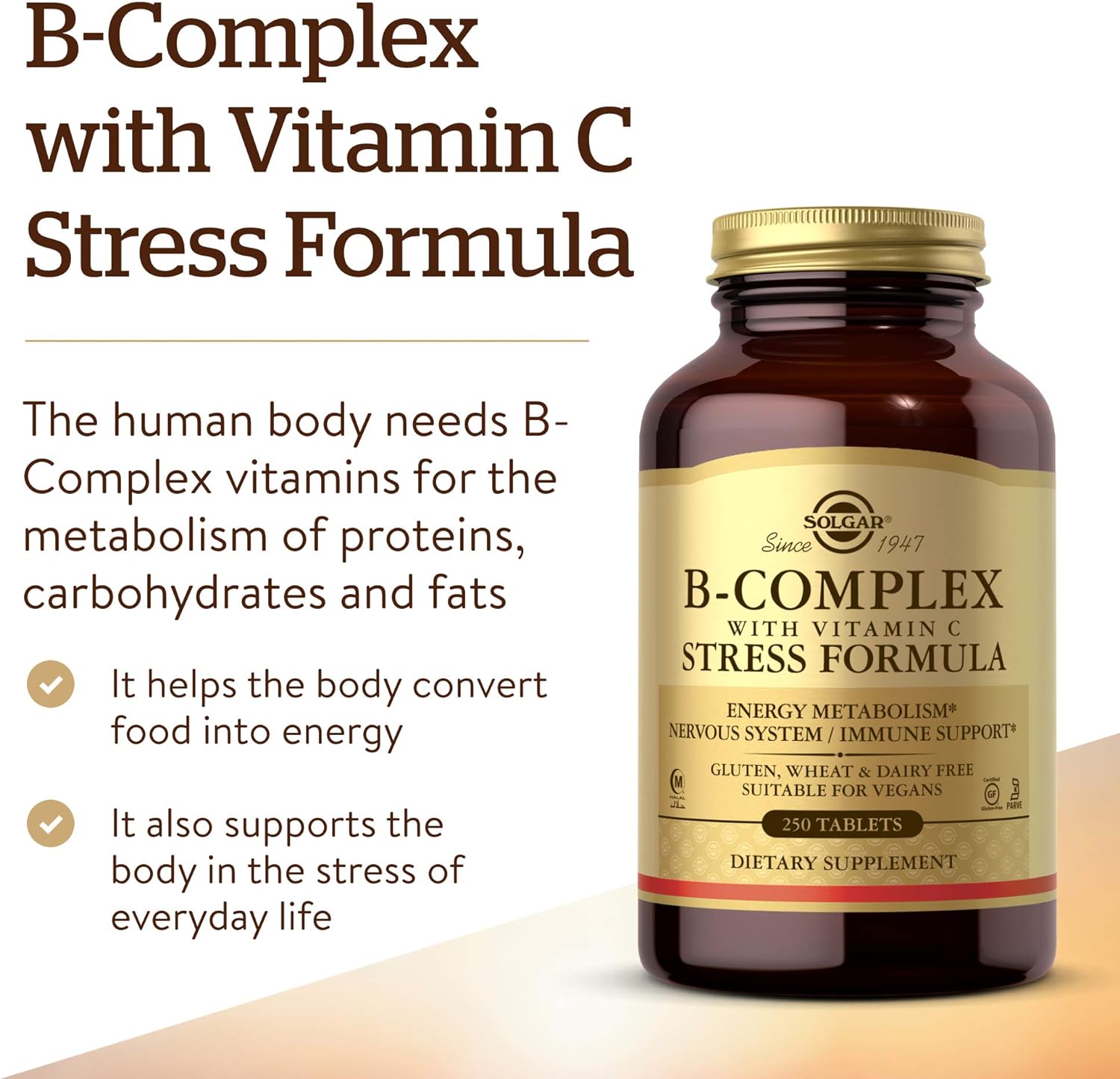 Solgar B-Complex with Vitamin C Stress Formula, 250 Tablets - Energy M