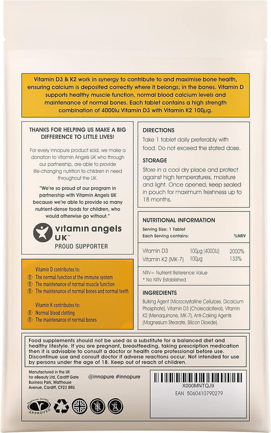 INNOPURE Vitamin D3 4,000IU & K2 MK-7 Natto Derived, 100æg - 120 Table30 Grams