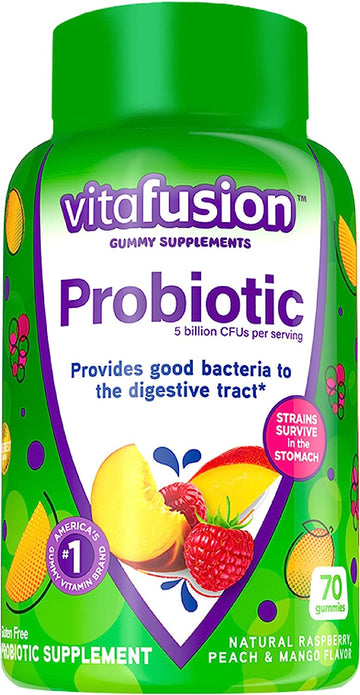 Vitafusion Probiotic Gummy Supplements, Raspberry, Peach and Mango avors, Probiotic Nutritional Supplements with 5 Billion CFUs, America?s Number 1 Gummy Vitamin Brand, 35 Day Supply, 70 Count