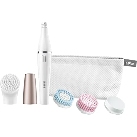 Braun Face 851 Women's Miniature Epilator, Electric Hair Removal, with 4 Facial Cleansing Brushes and Beauty Pouch