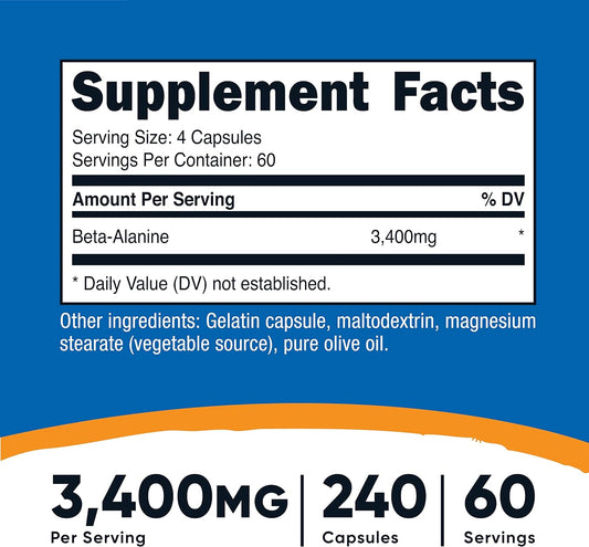 Nutricost Beta-Alanine Capsules 3400mg, 240 Capsules (60 Serv) - Potent Beta Alanine, Gluten Free & Non-GMO, 850mg Per Cap