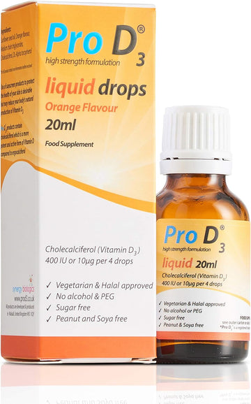 Pro D3 Liquid Drops 20ml (Vitamin D3-100 IU per 1 Drop) Alcohol Free |60 Grams