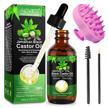 ALIVER Jamaican Black Castor Oil for Hair Growth, Pure Cold Pressed Castor Oil w/Hair Scalp Massager, Skin Care,Nourish