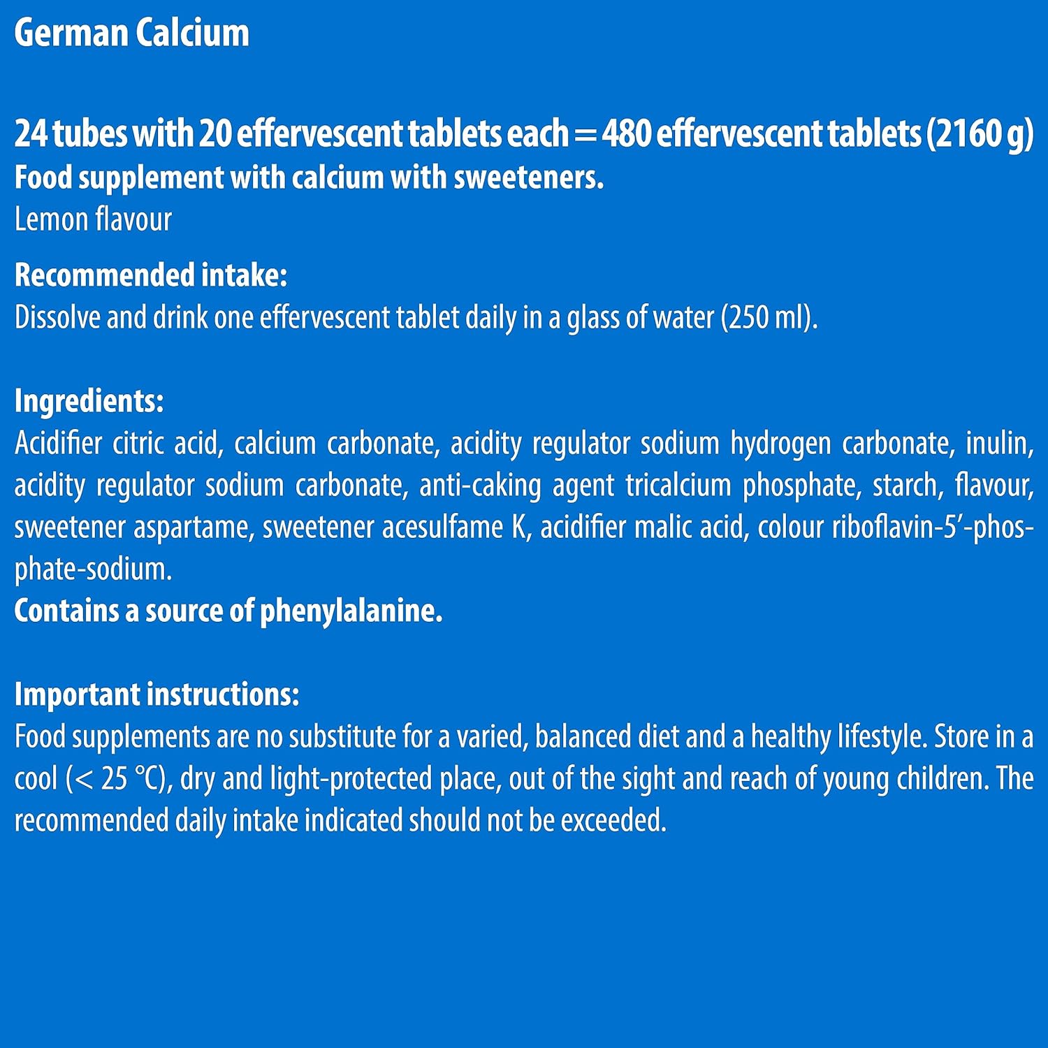 Calcium 500 mg - 24 x 20 effervescent Tablets - Lemon Flavor - T&D Pha