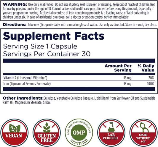 KAL Liposomal Iron Supplement with Vitamin C 18 mg Each, Advanced Form