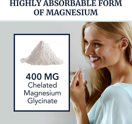 Magnesium Glycinate 400mg | Chelated Bisglycinate for Muscle Relaxation, Bones, Heart, Nerve, Sleep & Calm Support for W