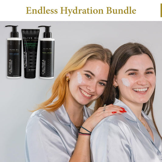 Calithea Endless Hydration Bundle: Olive Oil Donkey Milk Body Lotion, Olive Oil Aloe Vera Body Lotion & Olive Oil Hand Cream Chamomile & Avocado