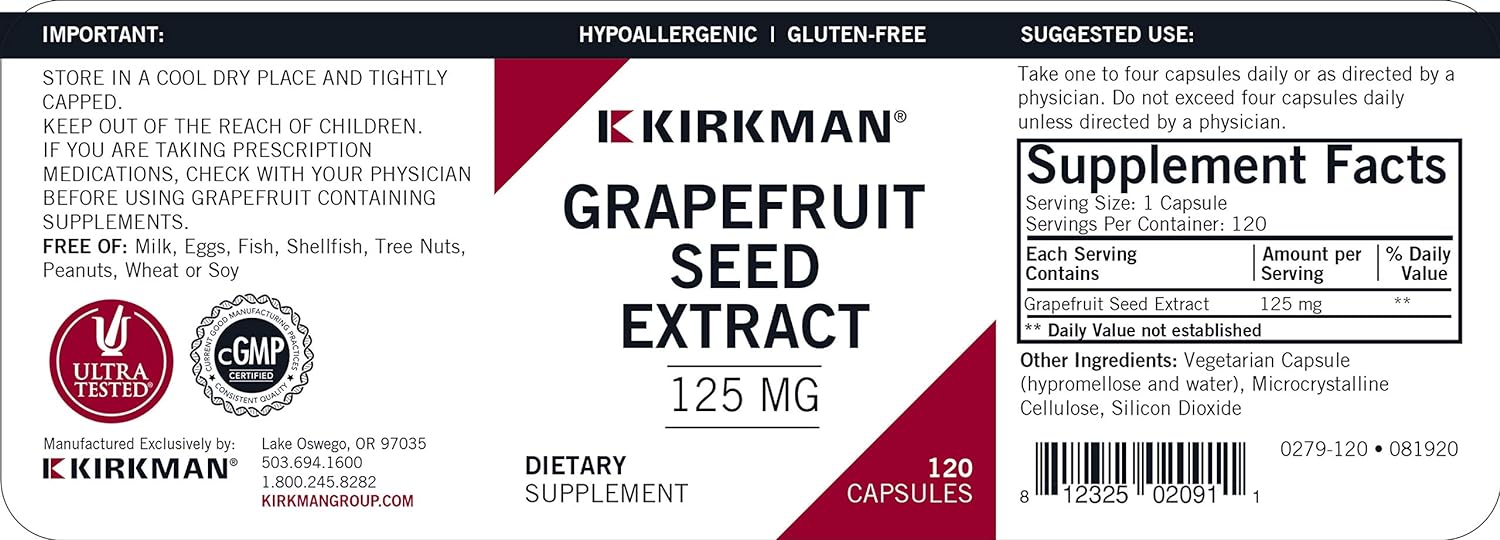 Grapefruit Seed Extract 125 mg Capsules - Hypoallergenic, 120 count