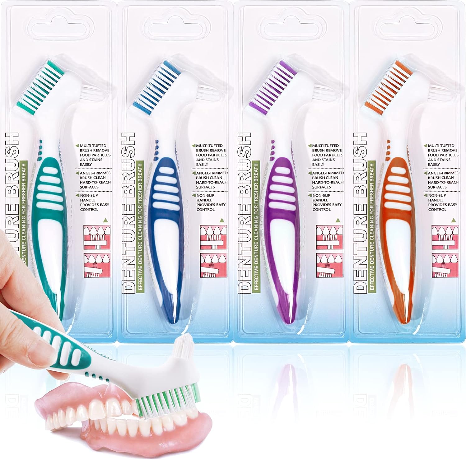 Mckkor Denture Brush 4 Pack Cleaning Brush,Double Sided Denture Toothbrushes, Multi-Layered Bristles & Ergonomic Rubber Anti-Slip Handle Denture Brush Toothbrush, for Denture Cleaning Care