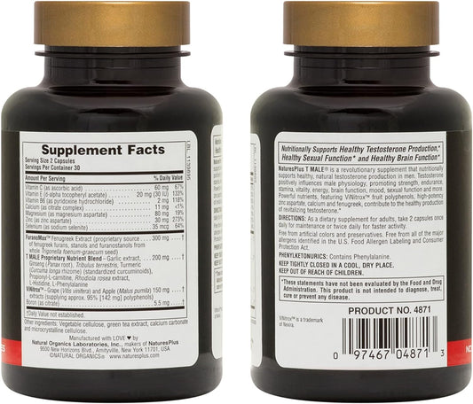 NaturesPlus T Male - 60 Vegetarian Capsules - Promotes Muscle Gain & Stamina, Mood Enhancer - Gluten Free - 30 Total Ser