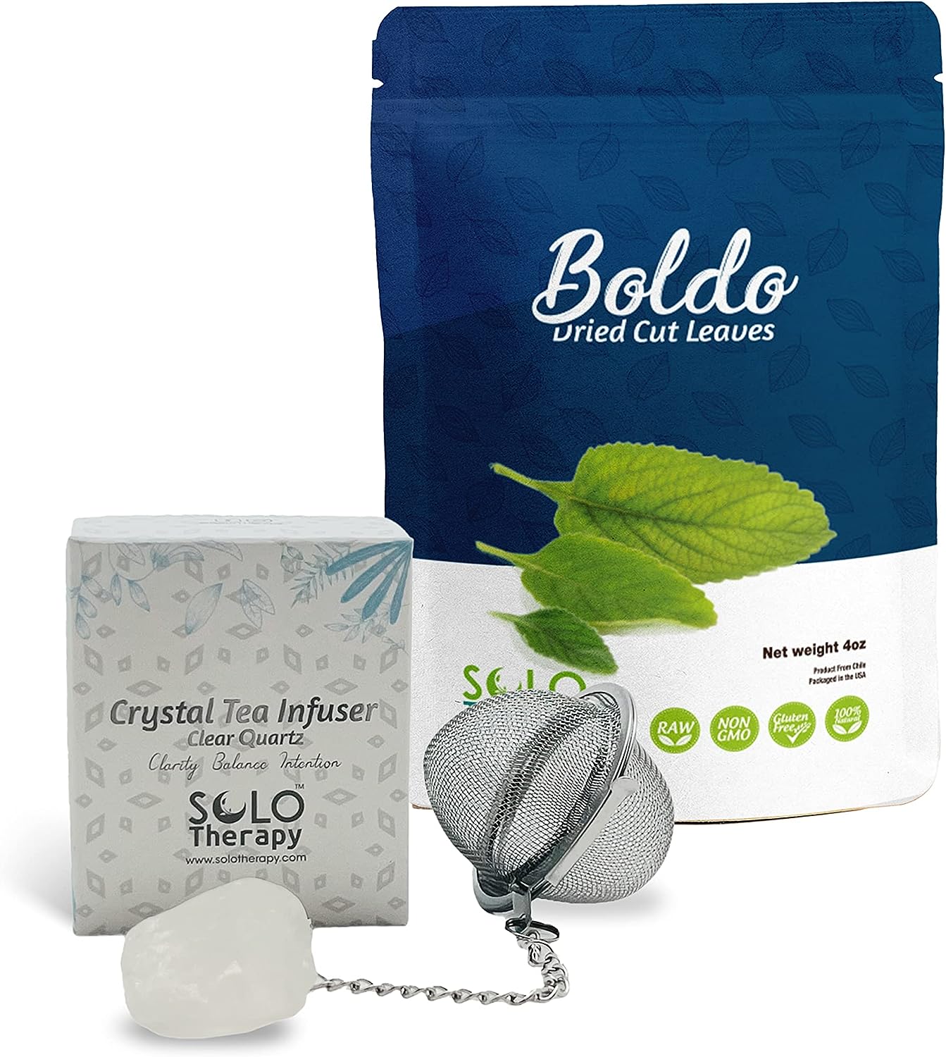 Boldo Dried Cut Leaves and Crystal Tea Infuser Clear Quartz BUNDLE, Hojas De Boldo con Filtro Para Te