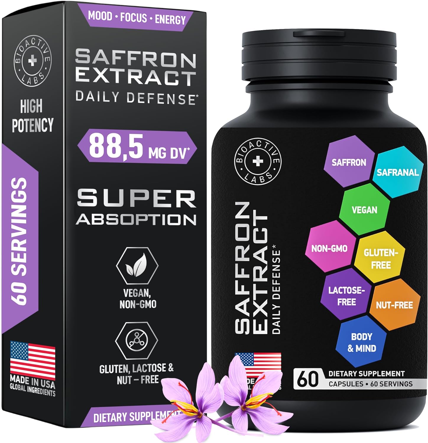 Optimized Saffron Supplements - Pure Saffron Extract 88.5mg for Mood Support, Focus, Energy - Happy Saffron Plus Crocin,