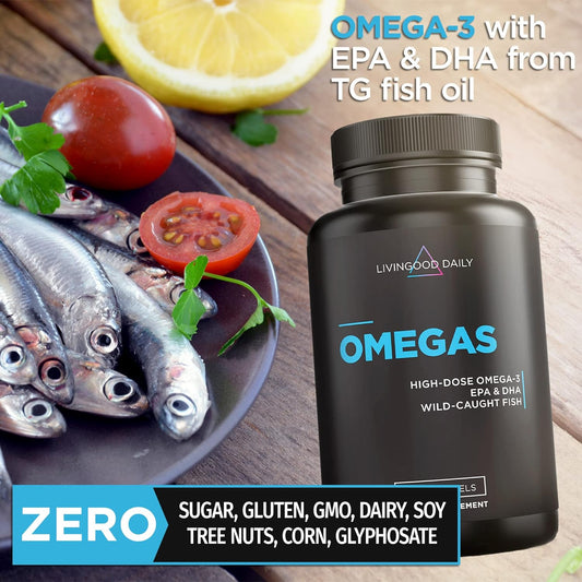 Livingood Daily Omegas - Omega 3 Fish Oil Supplements with EPA & DHA - 750mg per Serving - Joint, Brain, Digestive, and