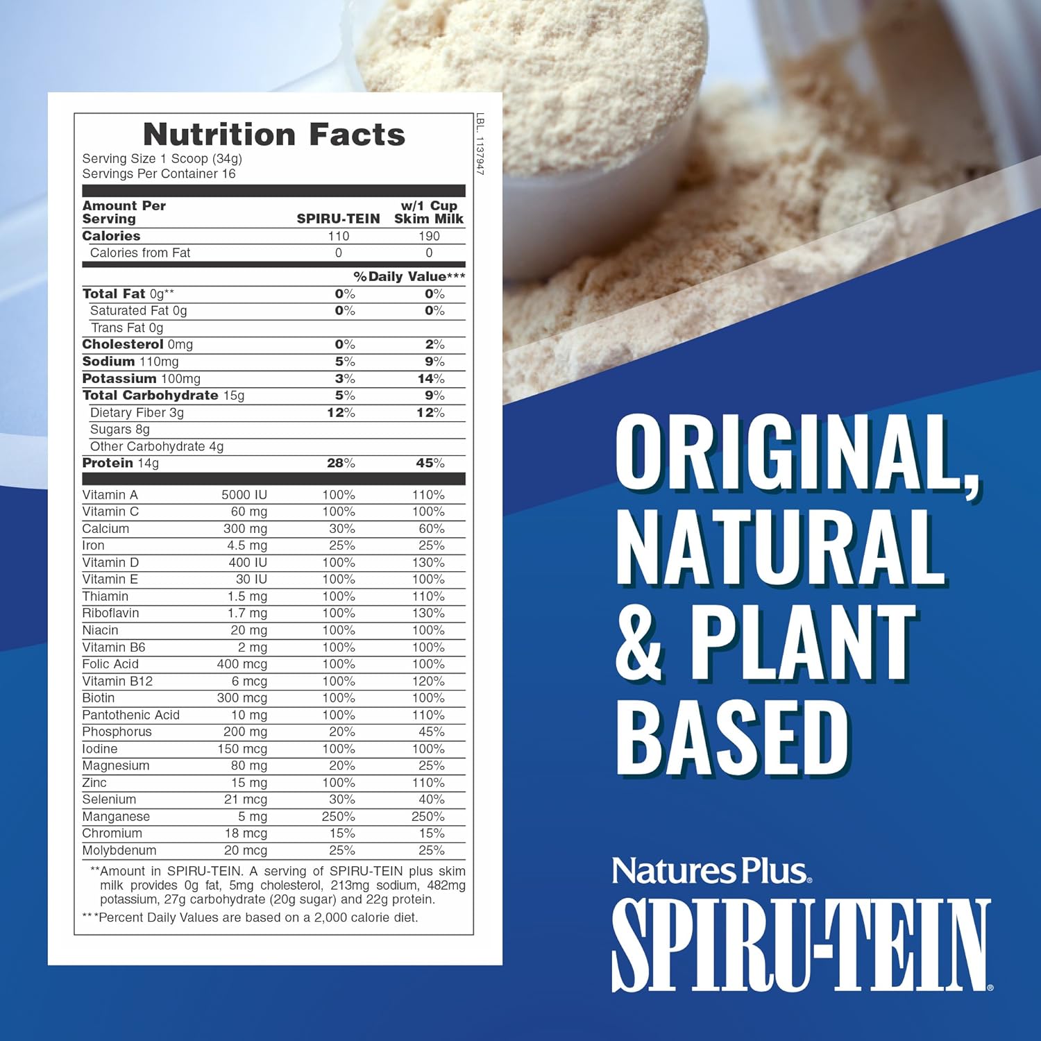 NaturesPlus SPIRU-TEIN Shake - Banana Flavor - 1.2 lbs, Spirulina Prot