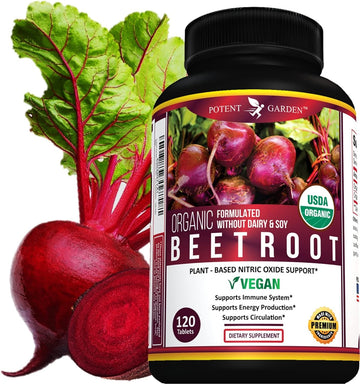 Potent Garden Premium Organic Beet Root Tablets -1350mg Beets Powder with Black Pepper for Extra Absorption, Nitric Oxid