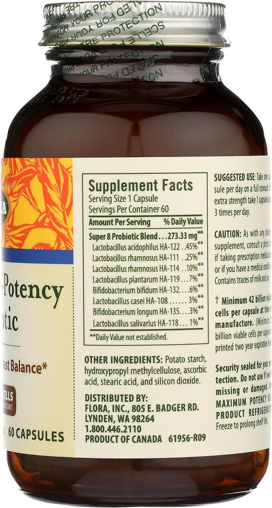 Flora - Super 8 Hi Potency Probiotics 60 Count - Healthy Yeast Balance5.6 Ounces