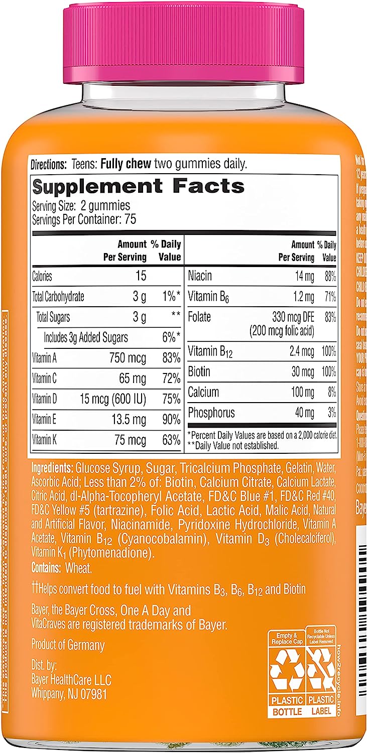 One A Day Teen for Her Multivitamin Gummies, Gummy Multivitamins with 