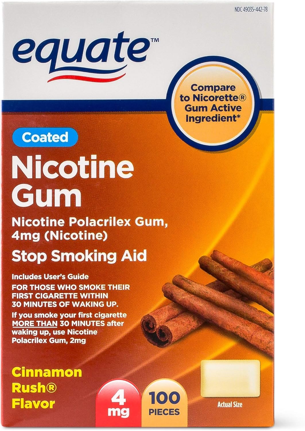 Equate - Nicotine Gum 4 mg, Coated, Cinnamon Rush Flavor, 10